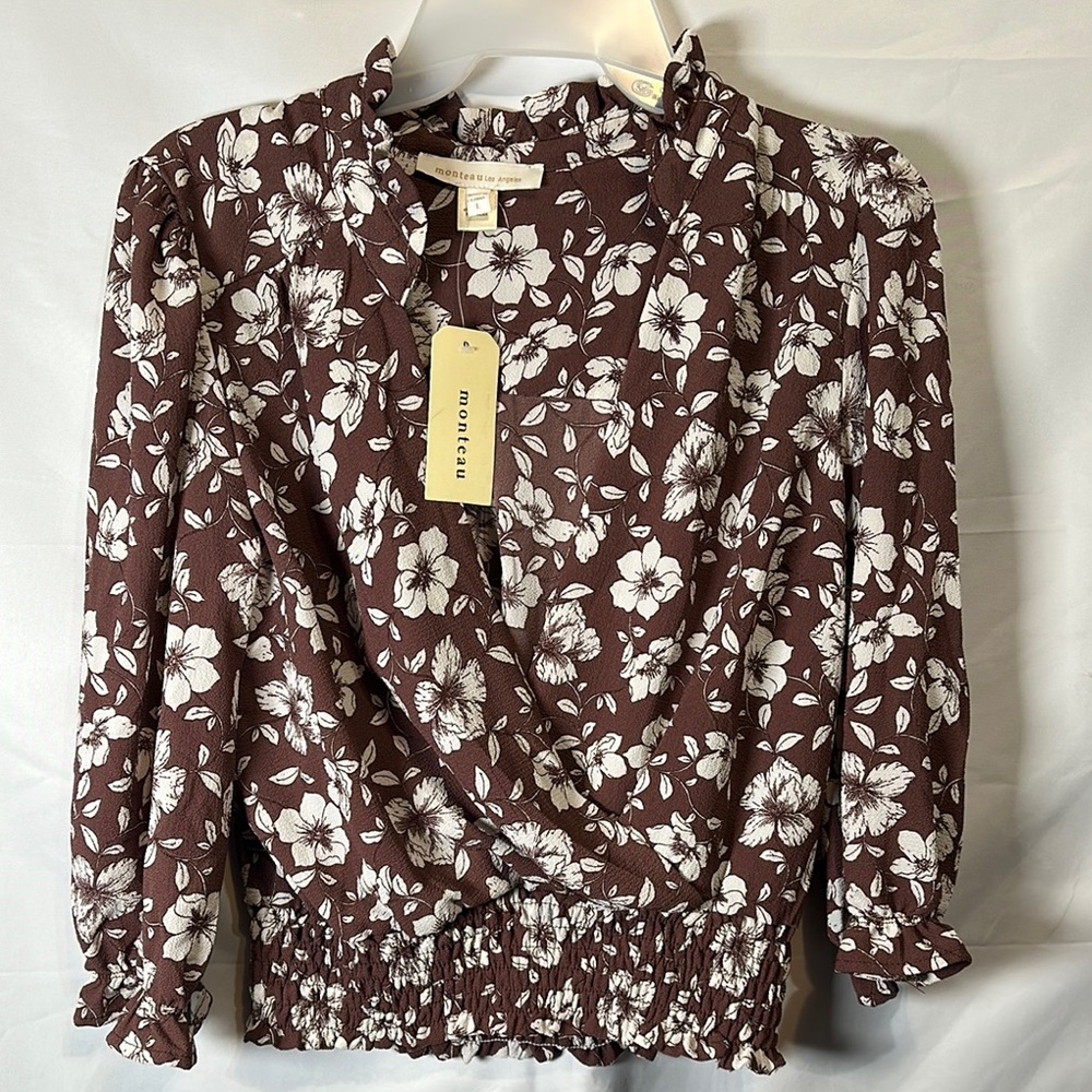 Monteau brown and White Wrap Blouse with Puff Sleeves